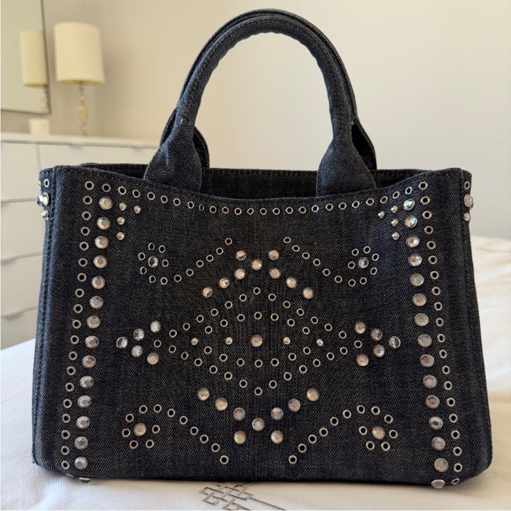 Prada  Studded Denim Canapa Tote Bag with Silver Accents